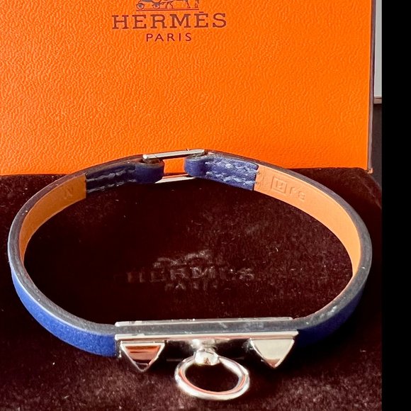 Hermes Rivale Mini Rivale Bracelet in Blue Leather, Sz 7" - Picture 4 of 9